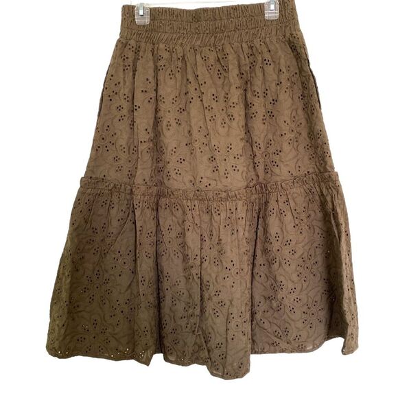 Roolee Olive Green Eyelet Tiered Midi Skirt Elastic Back Lace Cottagecore Size S - Picture 2 of 7